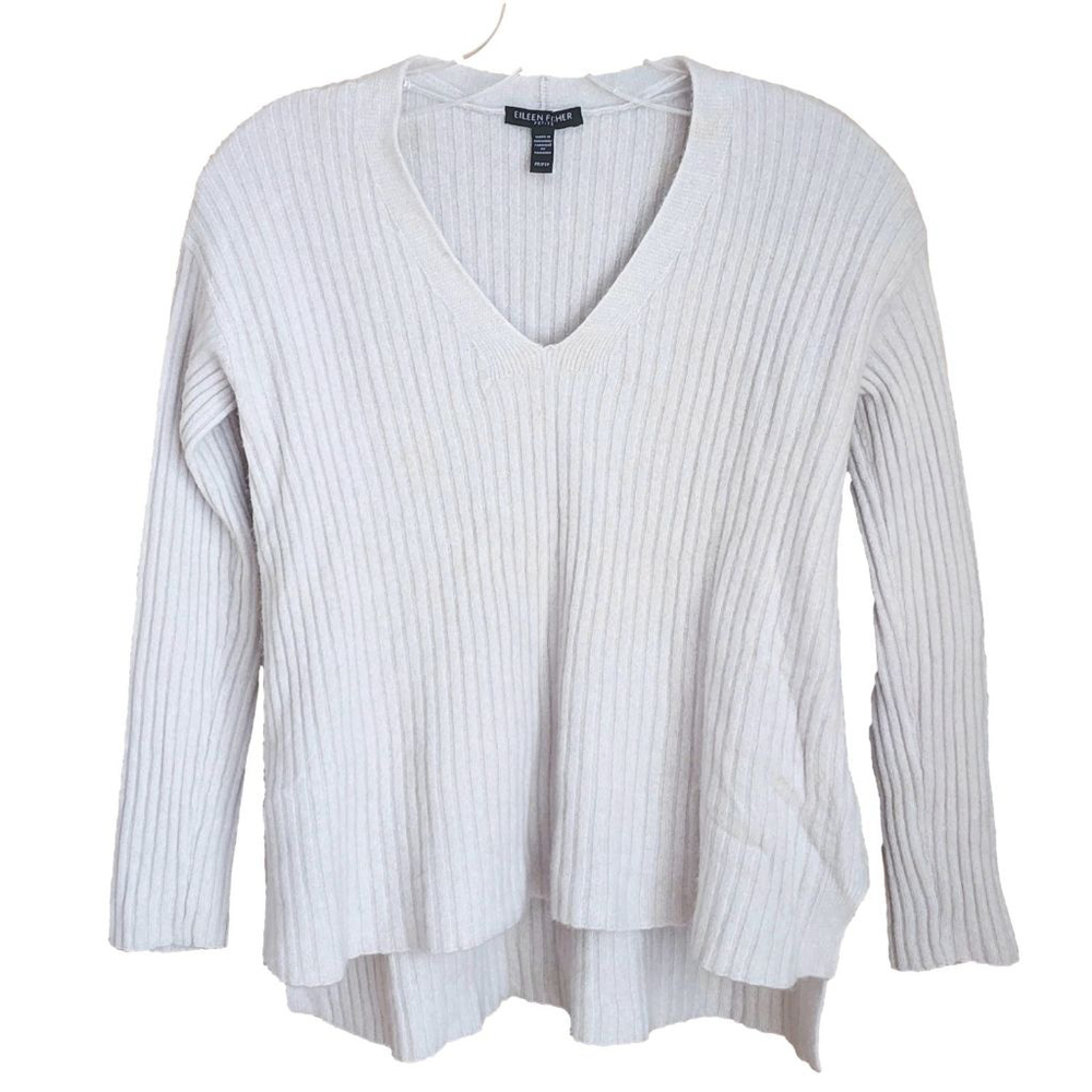 EILEEN FISHER Petite V-Neck 100% Cashmere Sweater in Light Gray PP